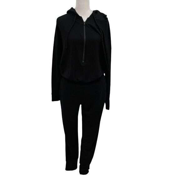 Beyond Yoga Jersey Knit Hooded Jogger Jumpsuit Playsuit Pockets Black size Large - Picture 1 of 10